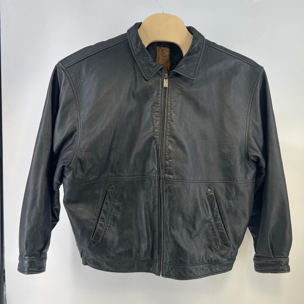 VTG Gear For Sports Mens Black Leather Bomber Jacket XL Full Zip Quilted